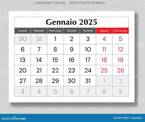 Italian Page of Calendar for Month January 2025. Vector. for Italy ...