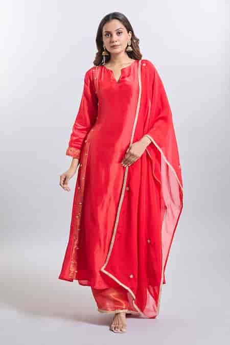 Buy Red Tissue Embroidery V-neck Upada Silk Anarkali Set For Women by ...