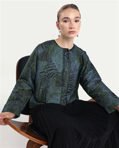 Rareism Women's Nizig Blue Polyester Blend Relaxed Fit Jacquard Jacket