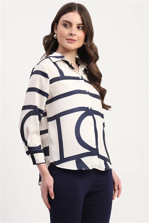 Cream Poly Satin Abstract Print Shirt | Stylish & Comfortabl