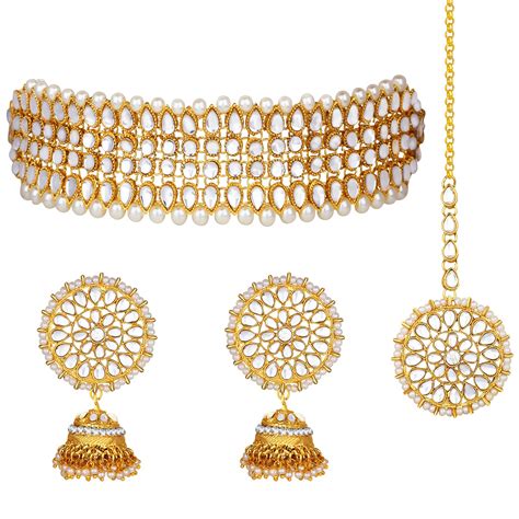 Peora Gold Plated Traditional Kundan Brass Alloy Pearl Choker Necklace ...