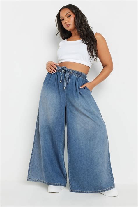 YOURS Plus Size Blue Palazzo Leg Tie Waist Jeans | Yours Clothing