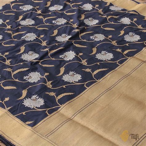 Navy Blue Pure Katan Silk Banarasi Handloom Saree - Tilfi