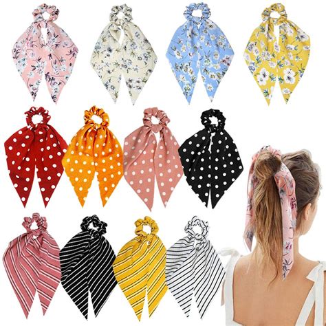 Sunaction 12 Pcs Multicolor Chiffon Hair Scarf Scrunchie, Hair Ties for ...