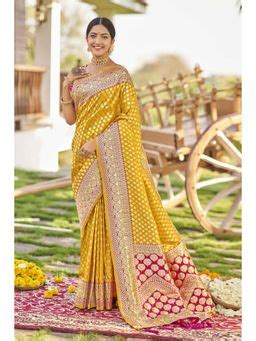Buy Manohari Women Yellow and Pink Woven Banarasi Silk Saree with ...