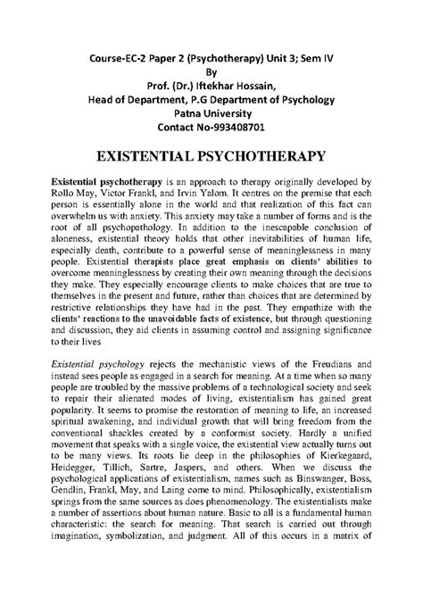 Existential therapy pdf - Course-EC-2 Paper 2 (Psychotherapy) Unit 3 ...