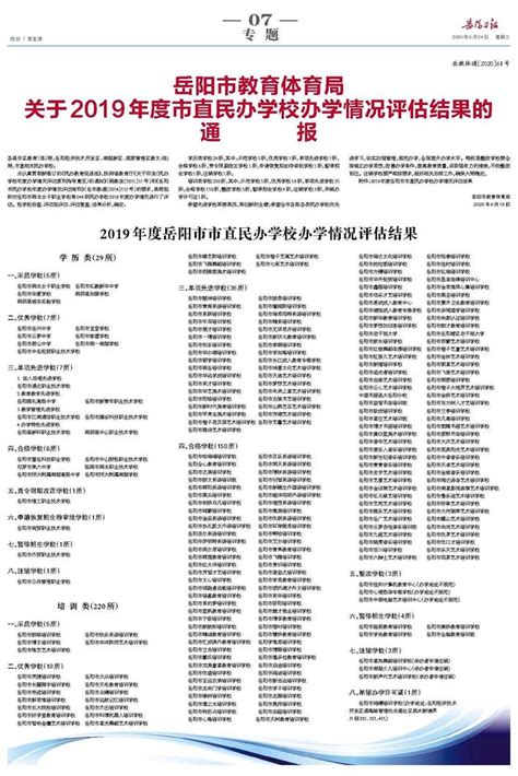岳阳市教育体育局 关于2019年度市直民办学校办学情况评估结果的 通 报-岳阳日报
