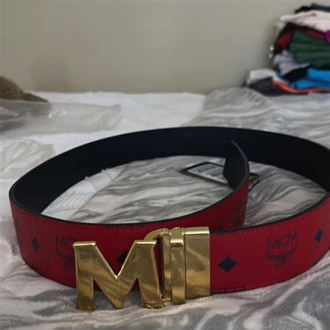 red mcm belt in perfect condition - Depop