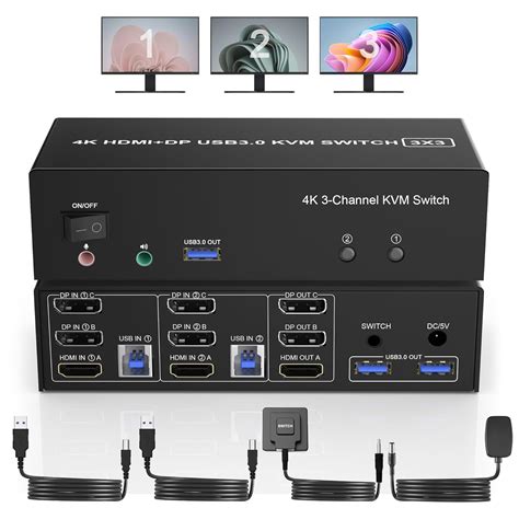 HDMI + 2 Displayport USB 3.0 KVM Switch Triple Monitor for 2 Computers ...