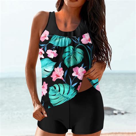 CALAFEBILA Womens Swimsuits Plus Size Tankini Two Piece Modest Pleated ...