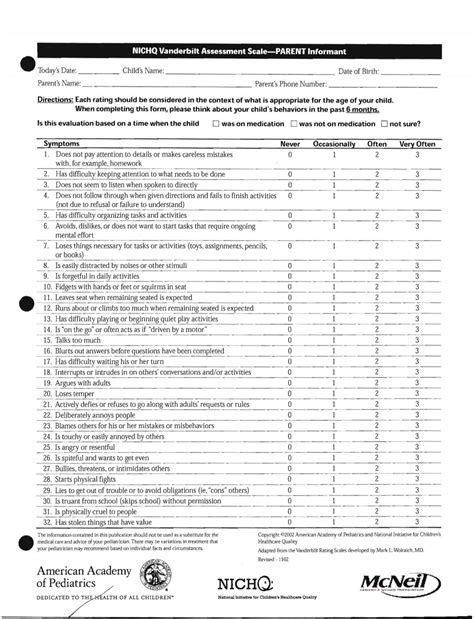 NICHQ Vanderbilt Assessment Scale-PARENT - Andover Pediatrics