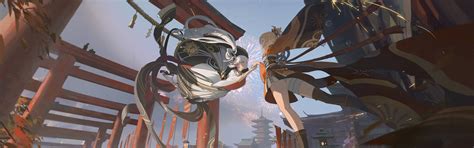 Download wallpaper girls, torii, Genshin Impact, Yoimiya, Kamisato ...