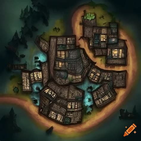 Dnd cities fantasy map village surrounded by dark forest shoping buildings and roads on Craiyon