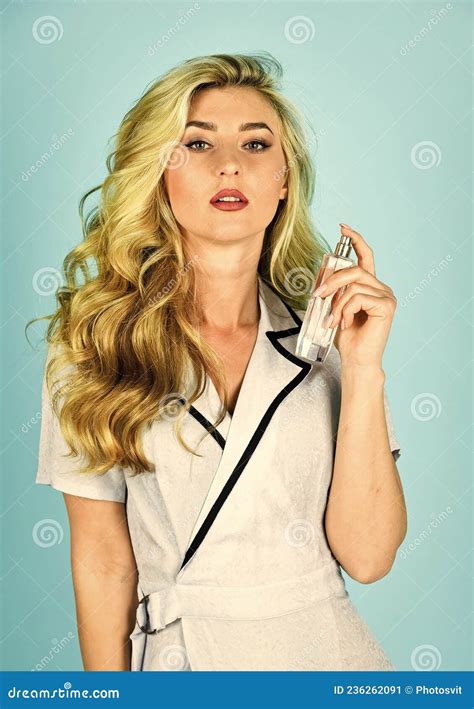 Attractive Girl Perfume Seller. Beautiful Woman Holding Bottle Perfume ...