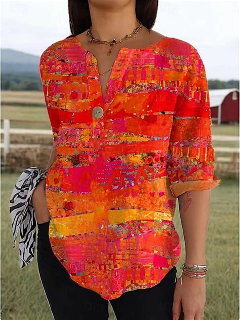 Women's Shirt Long Sleeve V Neck Floral Graphic Geometric Vintage ...