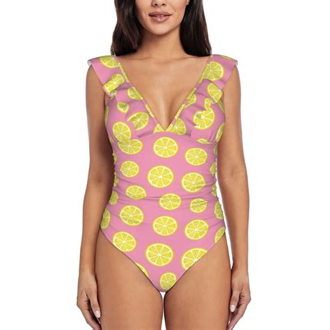 One Piece Swimsuits Women Tummy Control, Pink Lemon Bathing Suit V Neck ...