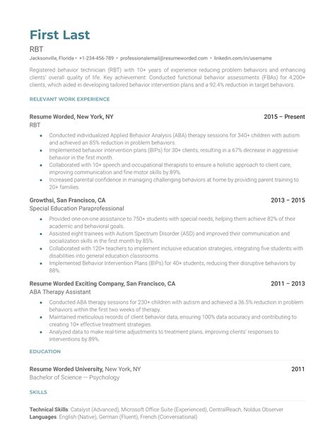 RBT (Registered Behavior Technician) Resume Examples for 2026 | Resume Worded