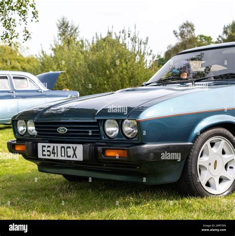 Close up of the front end of a vintage Ford Capri car on display at the ...