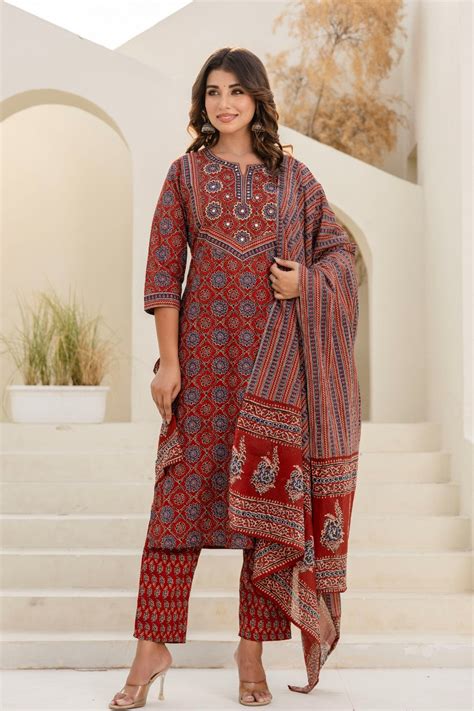 Shop Red Gold Print Cotton Suit Set | Suit Set | Kohsh