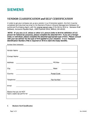 VENDOR CLASSIFICATION and SELF CERTIFICATION Doc Template | pdfFiller
