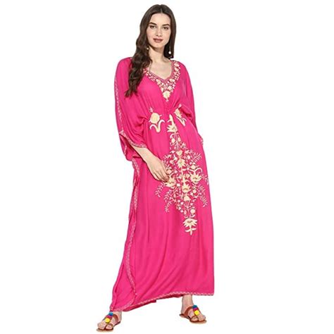CRAFTBAZAR Women's Boho Embroidered Magenta Kaftan (Size-L) : Amazon.in ...
