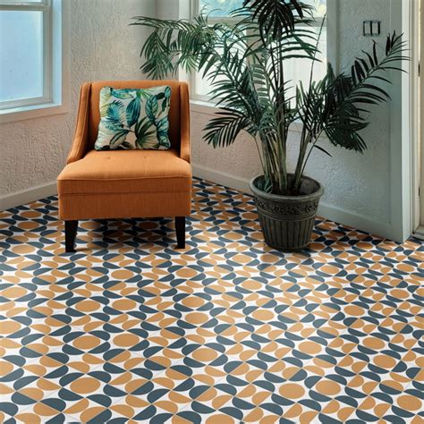 Retro Sheet Vinyl Flooring in Orange and Blue Art Deco Tile Effect ...