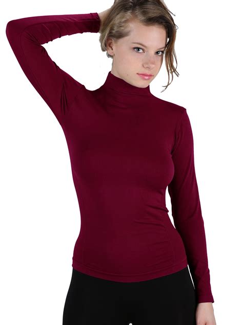 Women Stretch Long Sleeve Mock neck Turtleneck Top Slim Fit Tight Shirt ...