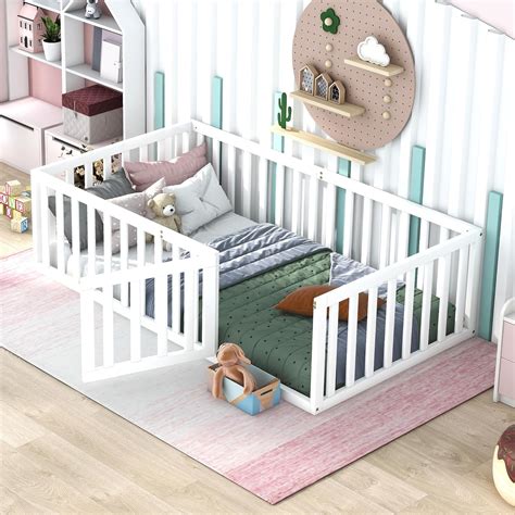 Amazon.com: Harper & Bright Designs Twin Floor Bed with Rails, Wood ...