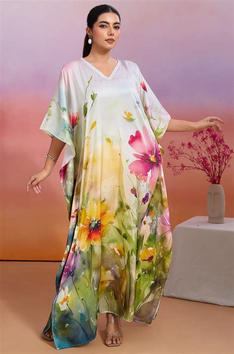 Bright Garland Soft Satin Women Kaftan Dress with Digital Print – Label ...