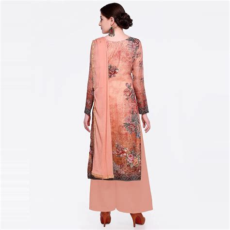 Blissta Peach Casual Wear Floral Embroidered Chanderi Dress Material