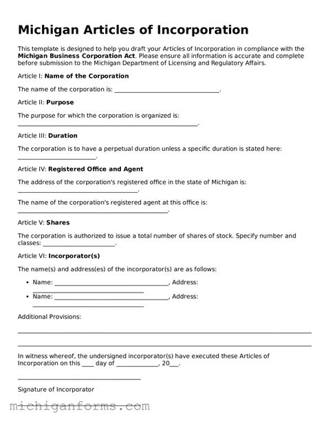 Valid Michigan Articles of Incorporation Forms • Download PDF Template