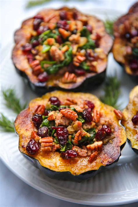 stuffed acorn squash with sausage, spinach, dried cranberries, and ...