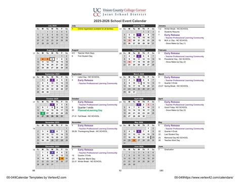 UC Union County College Corner CC Joint School District Calendar 25-26 ...