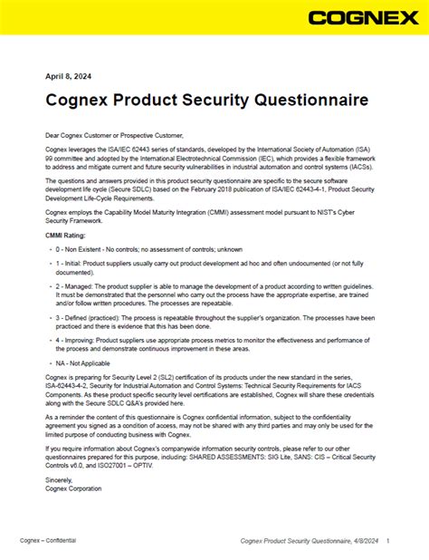 Cognex Product Security Questionnaire | Cognex