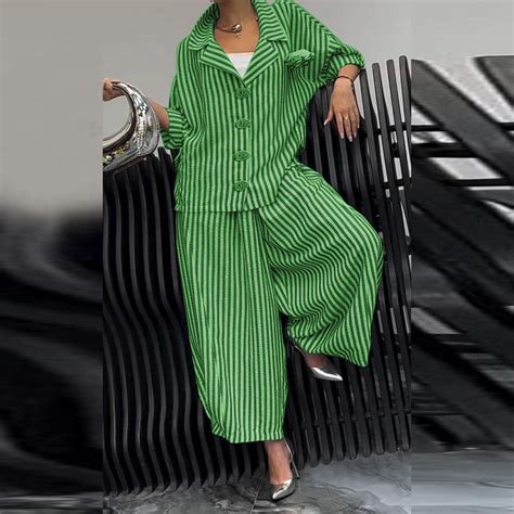 Fall Vibe Flower Striped Loose Suit Jacket Casual Suit Misses Pant ...