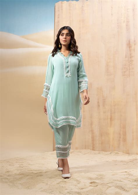 Aqua Scalloped Lace Kurta Set – Seeaash