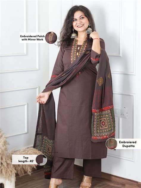 Satvi Taupe Tan Embroidered Patch with Mirror Work Cotton 3 Piece Set ...