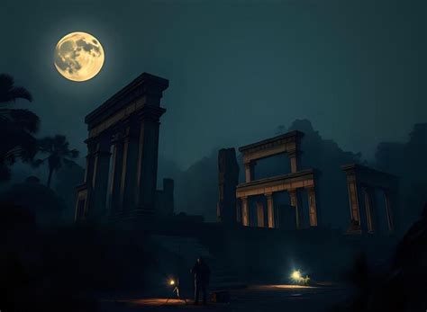 Old historic site with ancient structures illuminated at night ...