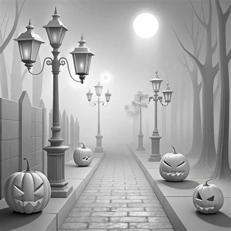 A black and white illustration of a street with pumpkins on the ...
