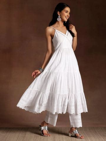 Buy The Kiara Cut White Self Design Cotton A-Line Kurta With Trousers ...