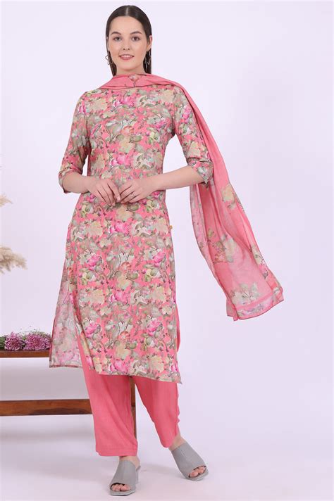 Buy Pink Printed Straight Kurta with Palazzo & Dupatta Set Online for ...