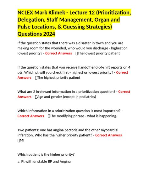 NCLEX Mark Klimek - Lecture 12 (Prioritization, Delegation, Staff ...