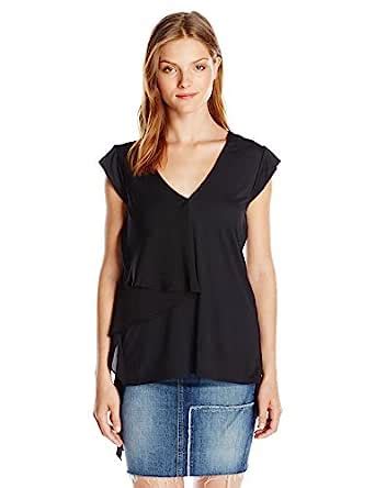 Buy Halston Heritage Women's Cap Sleeve V Neck Flounce Drape Knit Top ...