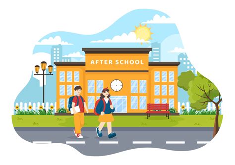 After School Vector Illustration with Students Leave School Building ...