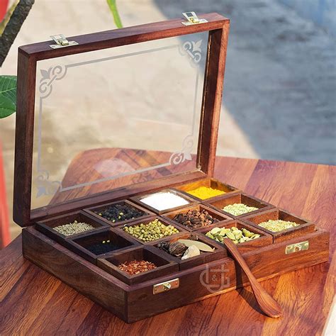 Buy U&G Decor 12 Container Sheesham Wooden Table Top Masala Dabba ...