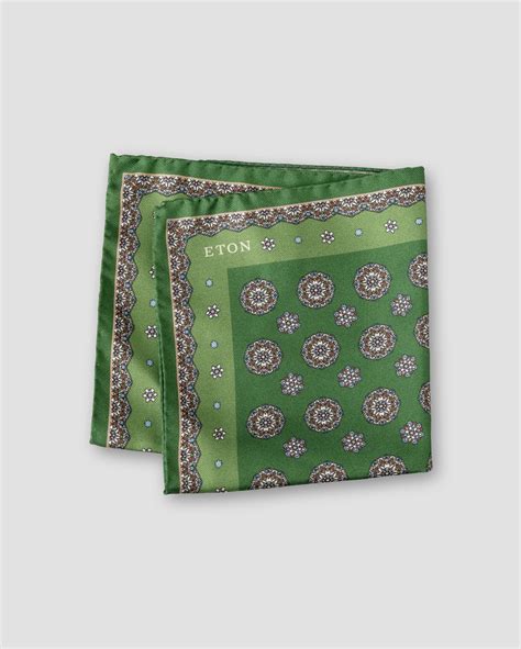 Green Medallion Print Silk Pocket Square - Eton