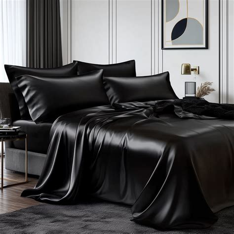 TURKIO Satin Sheets Queen Silk Sheets Black Bed Sheet Set,4 Pieces 1800 ...