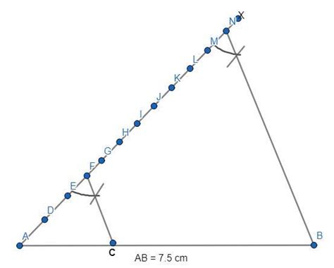 Draw a line segment of length 7.5 cm and divide it in the ratio 3:8 ...