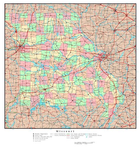 Large detailed administrative map of Missouri state with roads ...