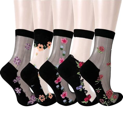 NICSY Ankle Sheer Socks Silky Floral Printed Transparent Mesh Sock 5 ...